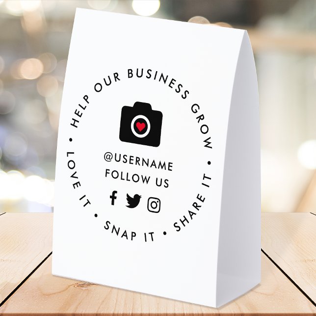 Social Media Table Tent Sign | Love Snap Share It (Editable "Help our business grow" social media icon paper table tent signs for small businesses.)