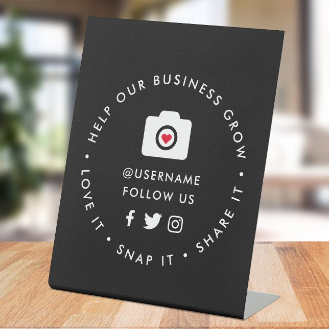 Social Media Tabletop Sign | Love Snap Share It (Editable "Help our business grow" social media icon tabletop signs for small businesses.)