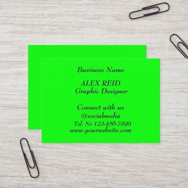 Social media Trendy Neon Modern Fluorescent Green Business Card (Front/Back In Situ)