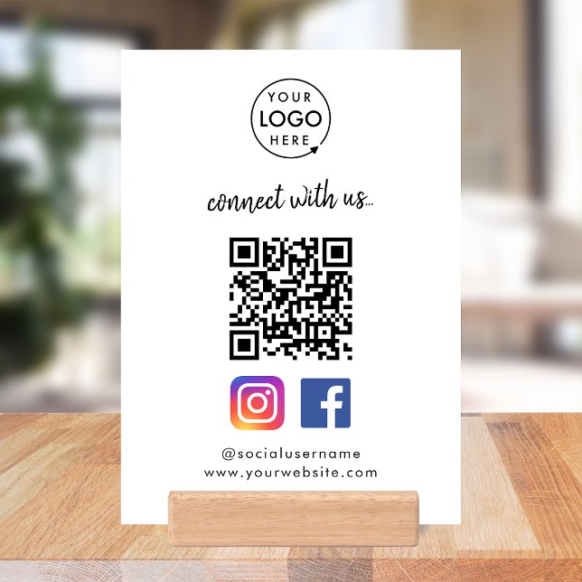 Social Media Wood Block Print | Instagram Facebook (Connect with us QR code tabletop signs to promote your social media - Instagram, Facebook & more!)