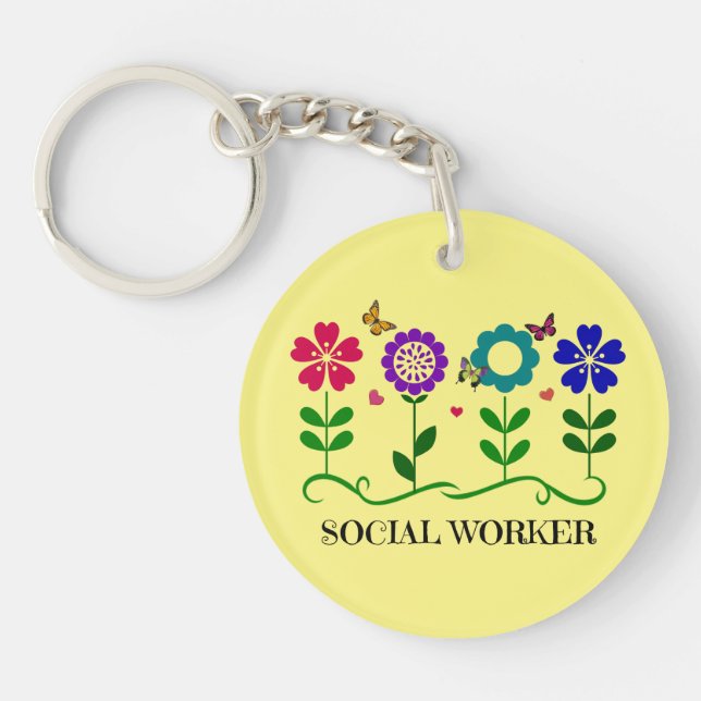Social Worker...Flowers, Hearts, and Butterflies. Keychain (Front)