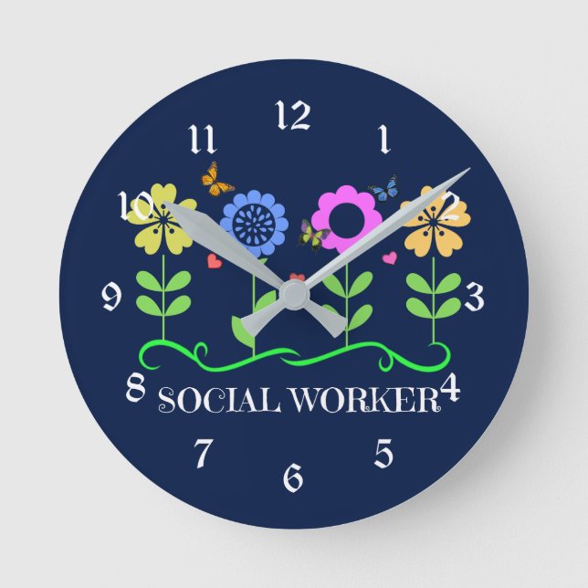 Social Worker...Flowers, Hearts, and Butterflies R Round Clock (Front)