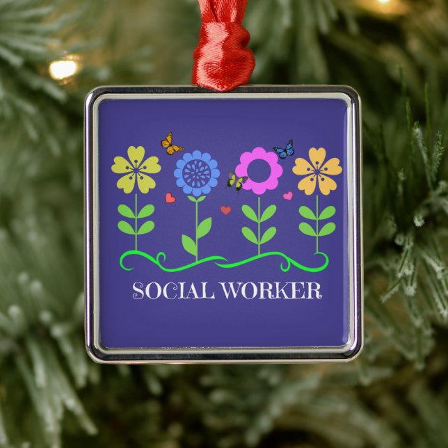"Social Worker," Graphic Spring Flowers, Metal Ornament (Tree)
