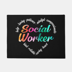 Social Worker Heart Word Cloud Watercolor Rainbow Doormat