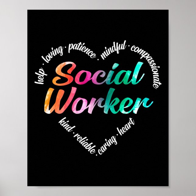 Social Worker Heart Word Cloud Watercolor Rainbow Poster (Front)