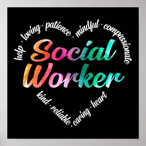 Social Worker Heart Word Cloud Watercolor Rainbow Poster