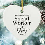 Social Worker New Job Christmas Ceramic Ornament<br><div class="desc">First Christmas as a social worker heart ornament for a coworker,  friend,  or family member. Elegant porcelain ceramic holiday ornaments in white with black lettering. Featuring Christmas trees and stars.</div>