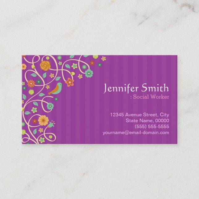 Social Worker - Purple Nature Theme Business Card (Front)
