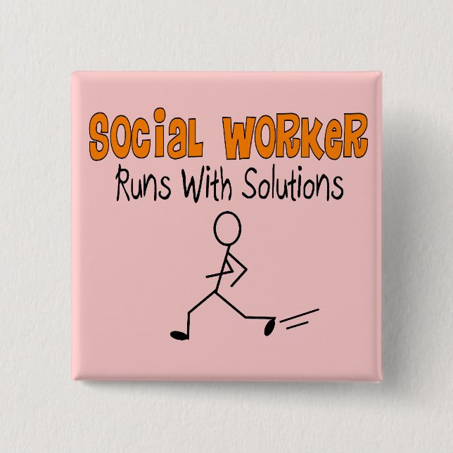 Social Worker "Runs with Solutions" Funny Gifts Button (Front)