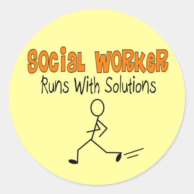Social Worker "Runs with Solutions" Funny Gifts Classic Round Sticker (Front)