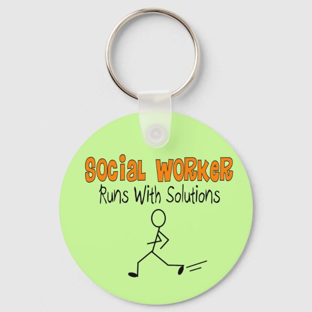 Social Worker "Runs with Solutions" Funny Gifts Keychain (Front)