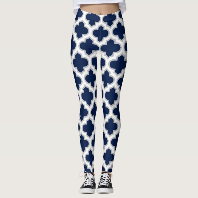 Socialite Moroccan Lattice White Gray Pattern Leggings (Front)