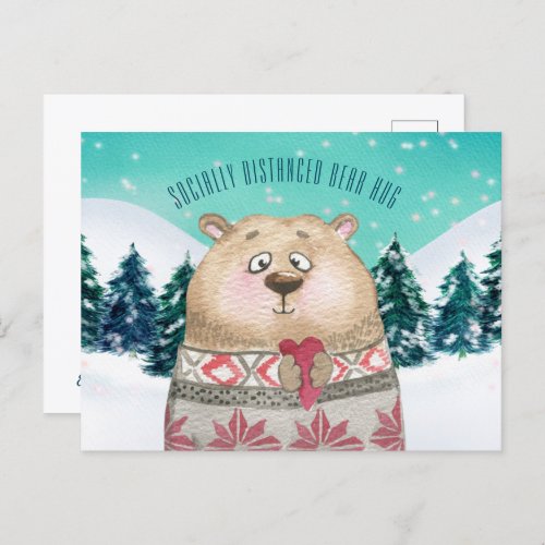 Socially Distanced Bear Hug Cute Forest Snow Scene Holiday Postcard