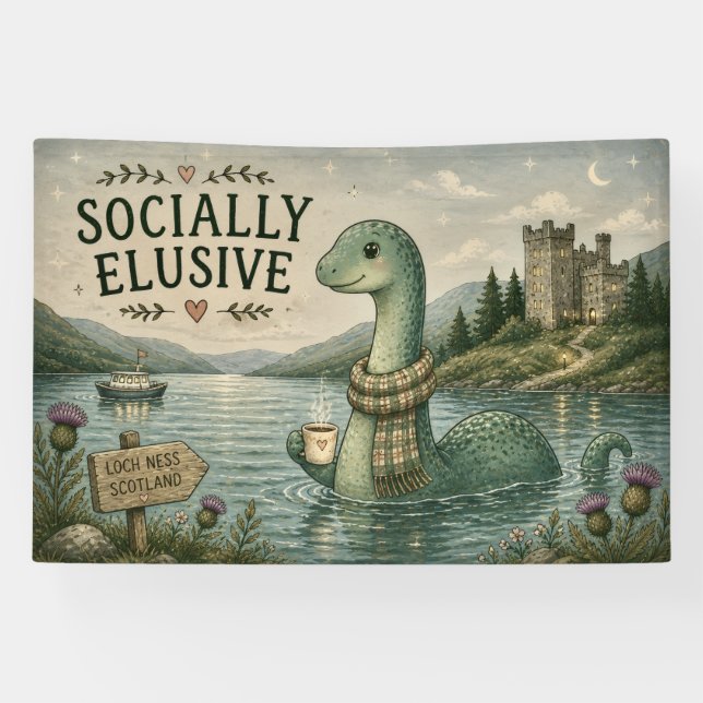 Socially Elusive Nessie Cozy Cryptid Loch Ness  Banner (Horizontal)