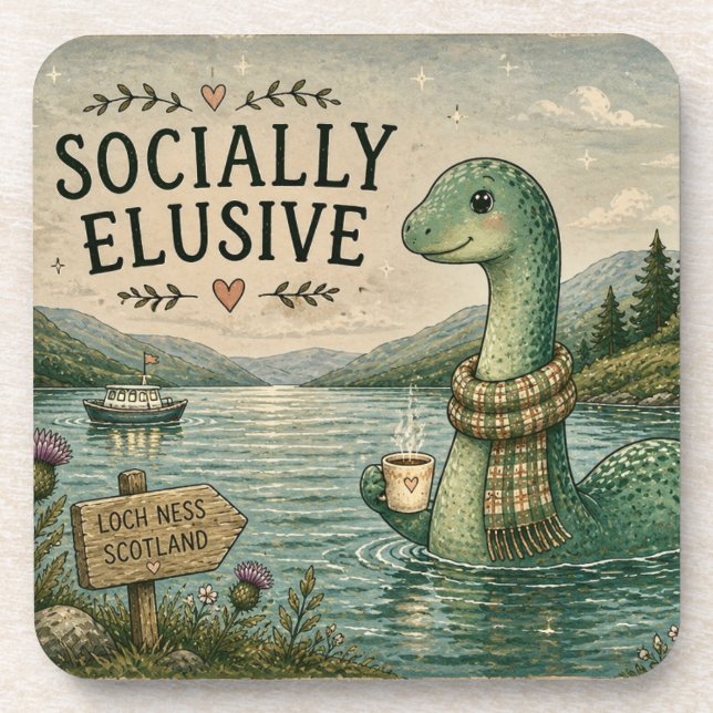 Socially Elusive Nessie Cozy Cryptid Loch Ness  Beverage Coaster (Front)