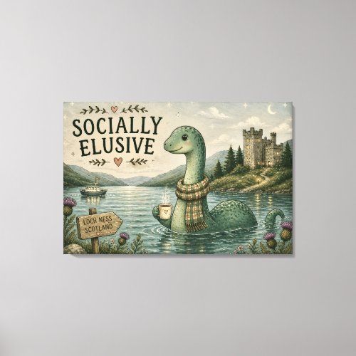 Socially Elusive Nessie Cozy Cryptid Loch Ness  Canvas Print