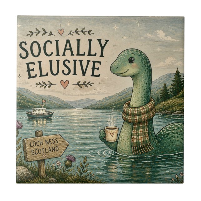 Socially Elusive Nessie Cozy Cryptid Loch Ness  Ceramic Tile (Front)