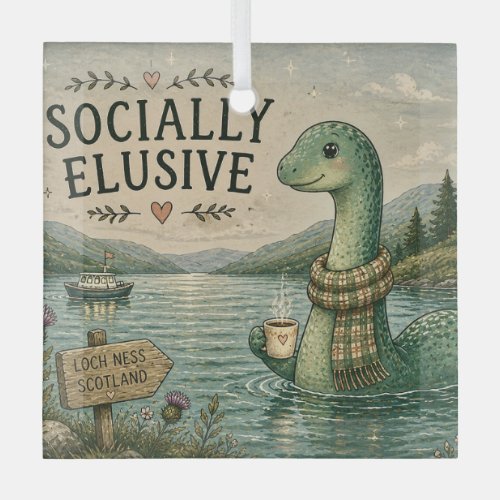 Socially Elusive Nessie Cozy Cryptid Loch Ness  Glass Ornament