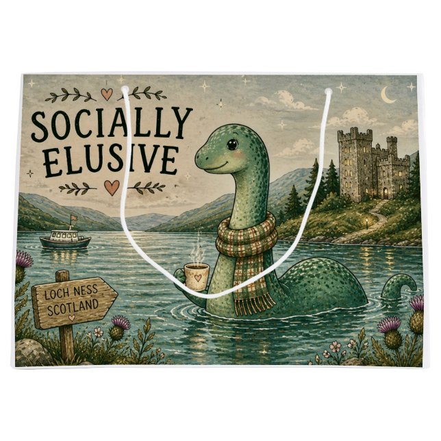Socially Elusive Nessie Cozy Cryptid Loch Ness  Large Gift Bag (Front)