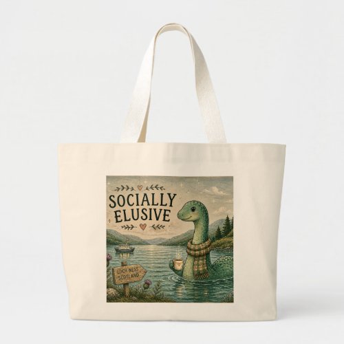 Socially Elusive Nessie Cozy Cryptid Loch Ness  Large Tote Bag