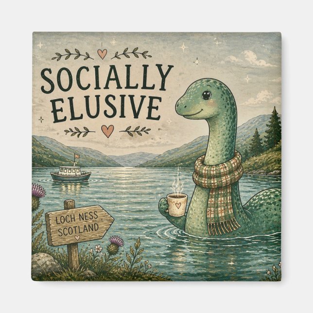 Socially Elusive Nessie Cozy Cryptid Loch Ness  Magnet (Front)