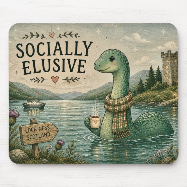 Socially Elusive Nessie Cozy Cryptid Loch Ness  Mouse Pad (Front)