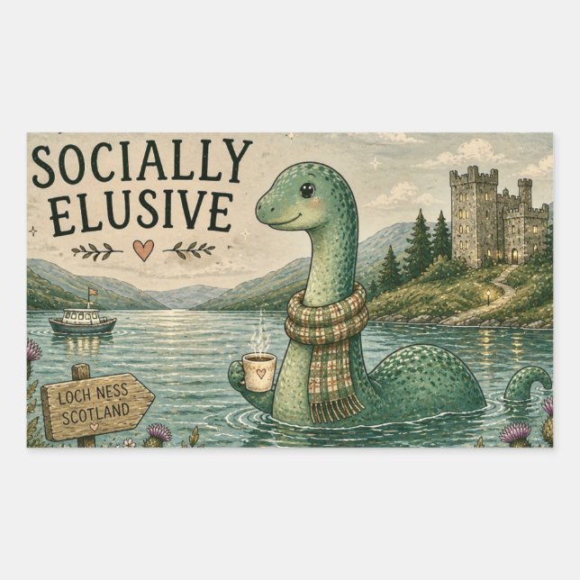 Socially Elusive Nessie Cozy Cryptid Loch Ness  Rectangular Sticker (Front)