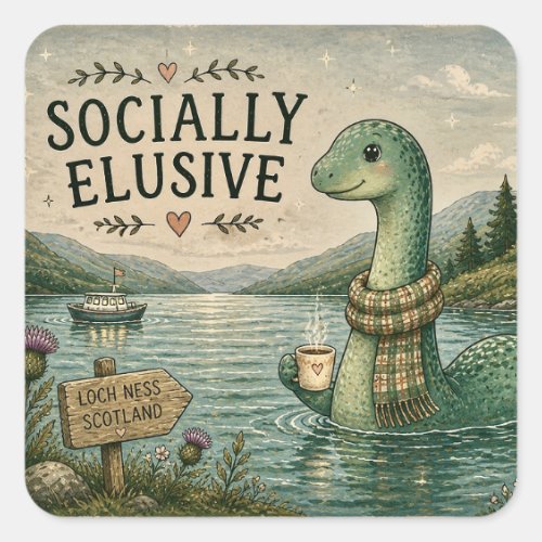 Socially Elusive Nessie Cozy Cryptid Loch Ness  Square Sticker