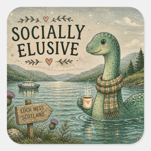 Socially Elusive Nessie Cozy Cryptid Loch Ness  Square Sticker (Front)