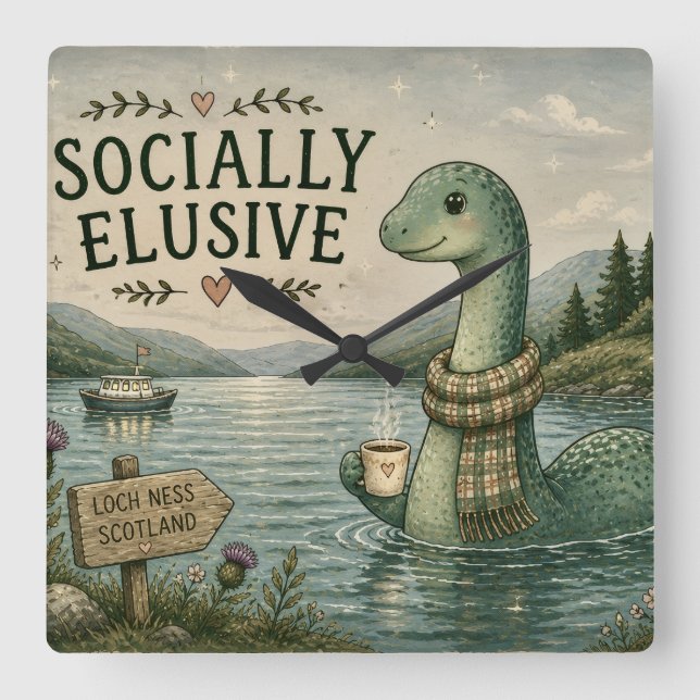 Socially Elusive Nessie Cozy Cryptid Loch Ness  Square Wall Clock (Front)