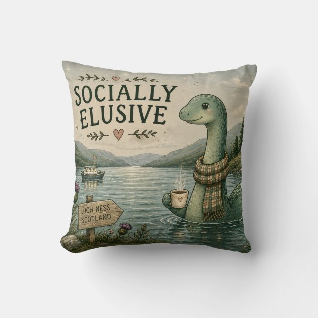 Socially Elusive Nessie Cozy Cryptid Loch Ness  Throw Pillow (Front)