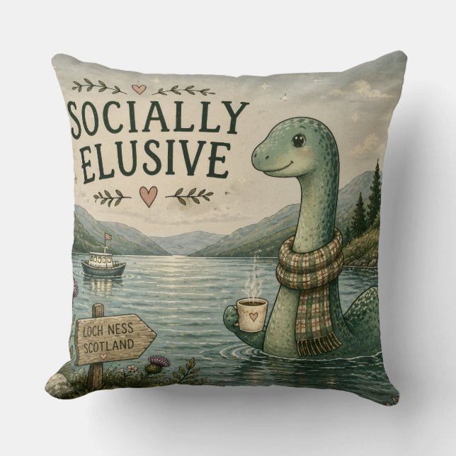 Socially Elusive Nessie Cozy Cryptid Loch Ness  Throw Pillow (Front)