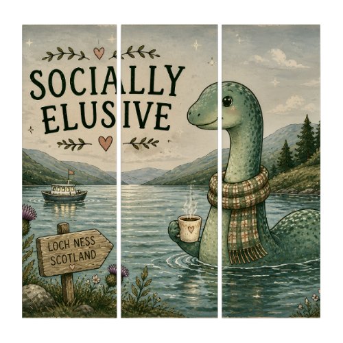 Socially Elusive Nessie Cozy Cryptid Loch Ness  Triptych