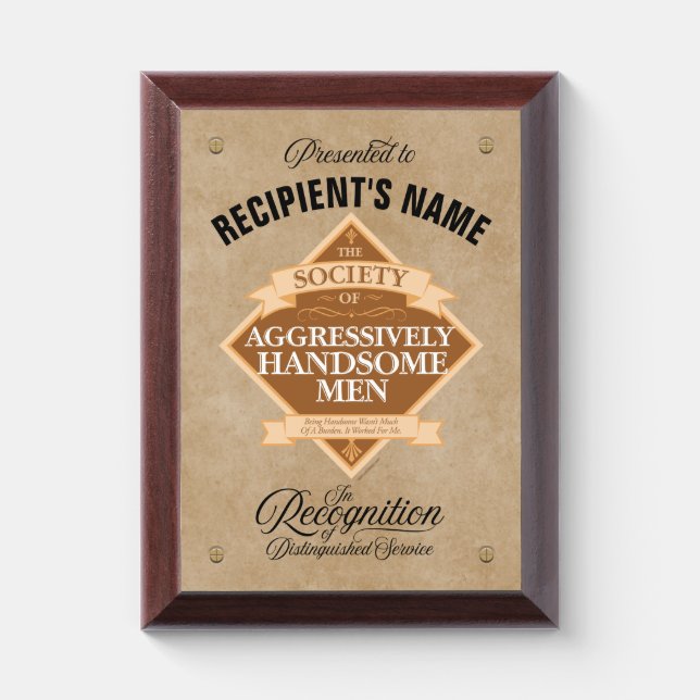 Society of Aggressively Handsome Men Award Plaque (Vertical)
