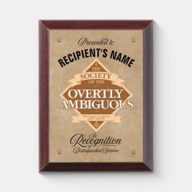 Society of The Overtly Ambiguous Award Plaque (Vertical)