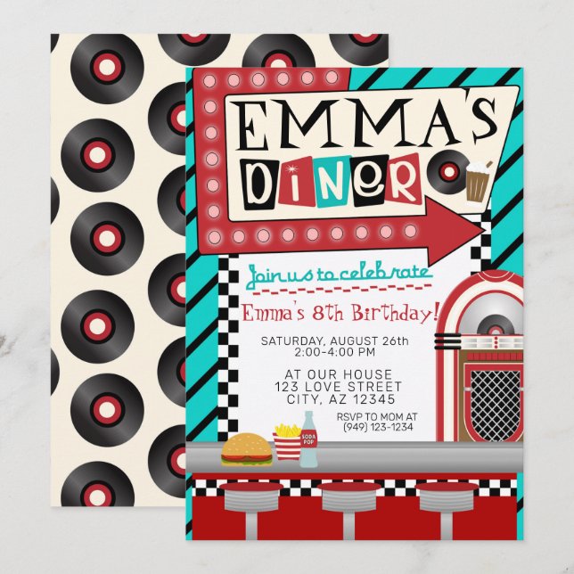 Sock Hop 50's diner juke box & records Birthday Invitation (Front/Back)
