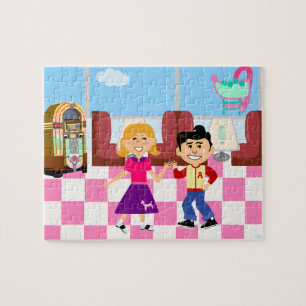 Sock Hop Diner Retro Fun Vintage Cartoon Art Jigsaw Puzzle