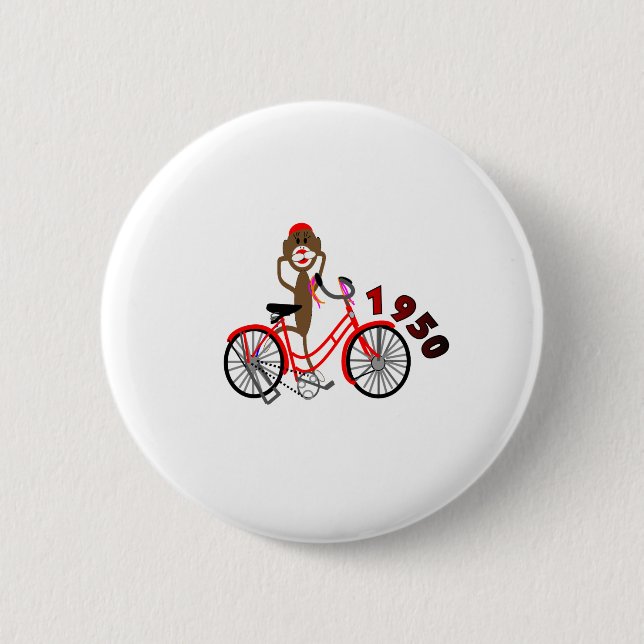 Sock Monkey % 1950's Bicycle Drawing--Unique Pinback Button (Front)
