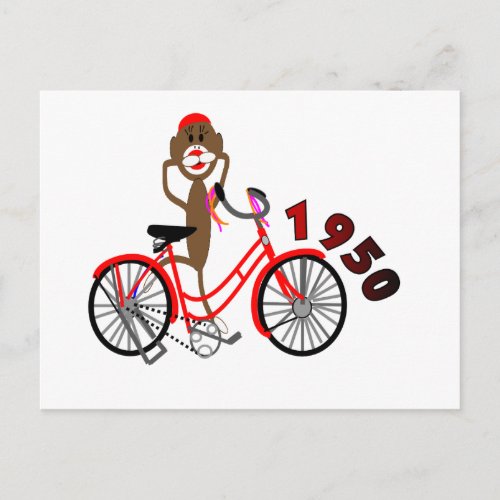 Sock Monkey  1950s Bicycle Drawing__Unique Postcard