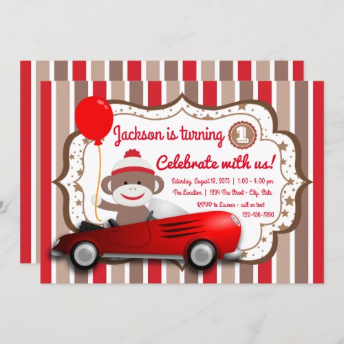 Sock Monkey 1st Birthday Party Invitation