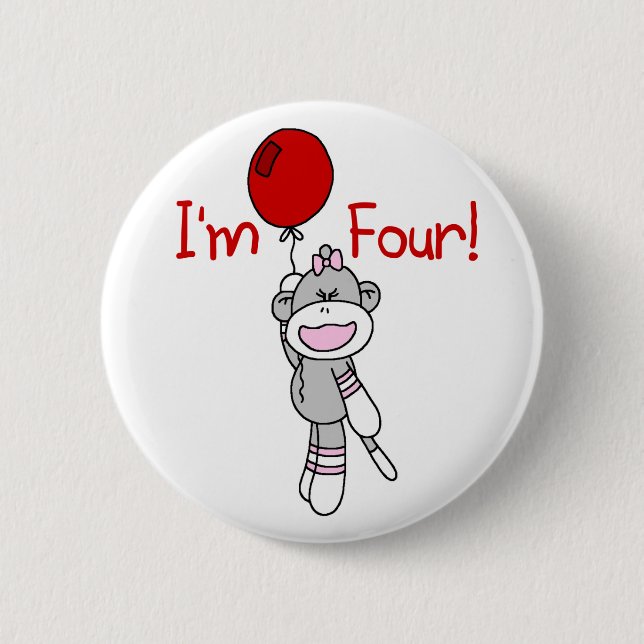 Sock Monkey 4th Birthday Tshirts and Gifts Button (Front)