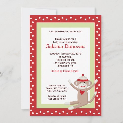 Sock Monkey 5x7 Baby Shower Invitation Red