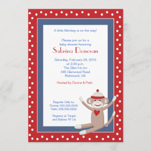 Sock Monkey 5x7 Baby Shower Invitation (Red/Denim)