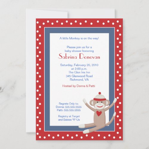 Sock Monkey 5x7 Baby Shower Invitation RedDenim