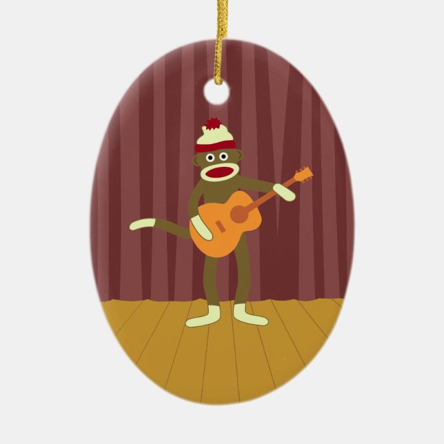 Sock Monkey Acoustic Guitar Ceramic Ornament (Front)