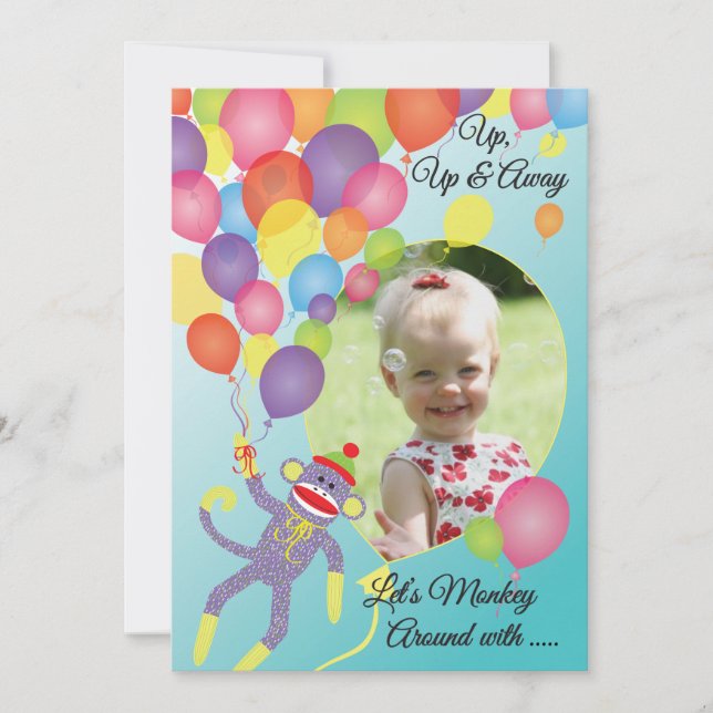 Sock Monkey and Balloons Photo Insert Party Invite (Front)