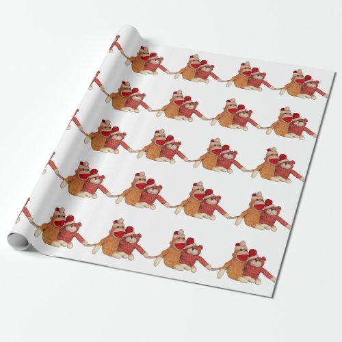 Sock Monkey and Bear in Santa Hats Wrapping Paper