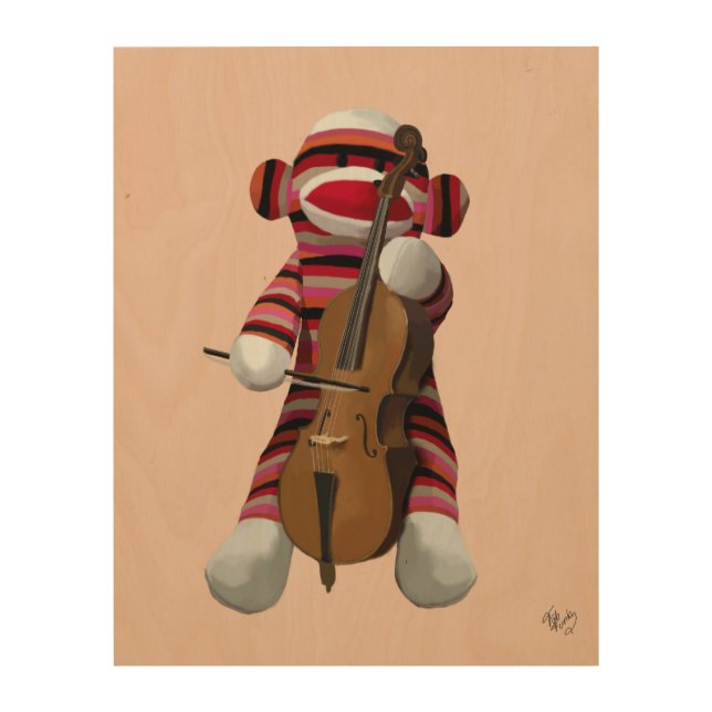 Sock Monkey and Cello Wood Wall Decor (Front)