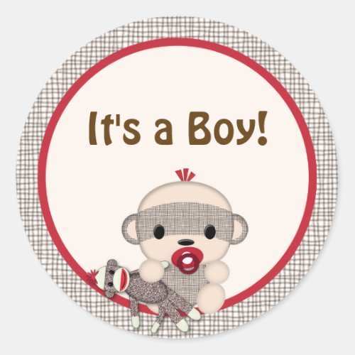 SOCK MONKEY Baby Shower blank Round BOY 5 Classic Round Sticker