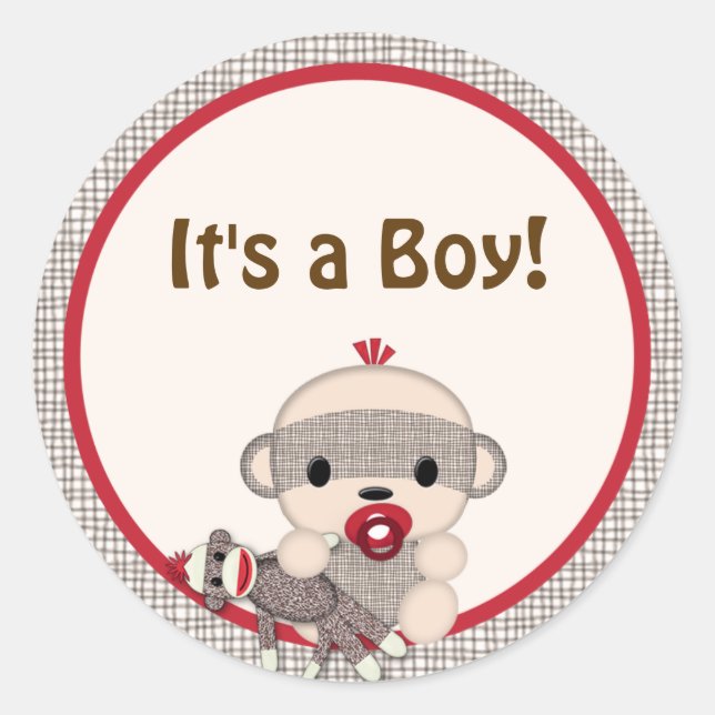 SOCK MONKEY Baby Shower blank Round BOY #5 Classic Round Sticker (Front)